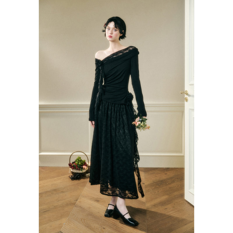 Rose Patterned Lace Top and Long Skirt - Black