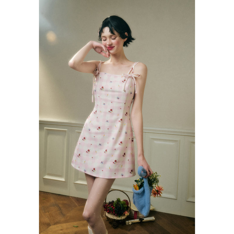 Camisole Dress with Pink Plaid and Floral Pattern