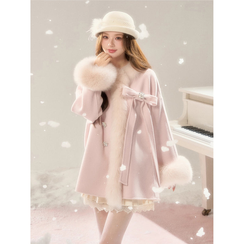 Romantic Ribbon Fur Wool Coat