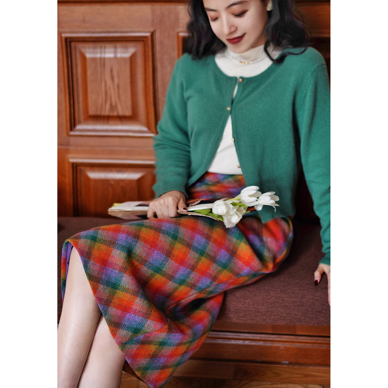 木漏れ日の格子柄ウールハーフスカート