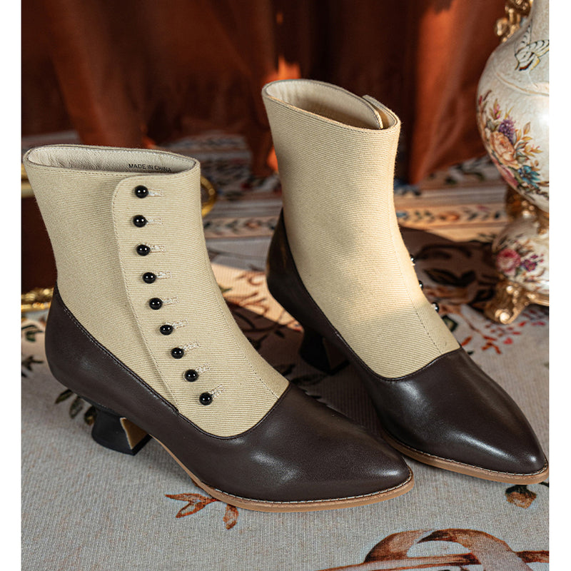 Victorian Pointed Toe Buttoned Short Boots - Brown Beige