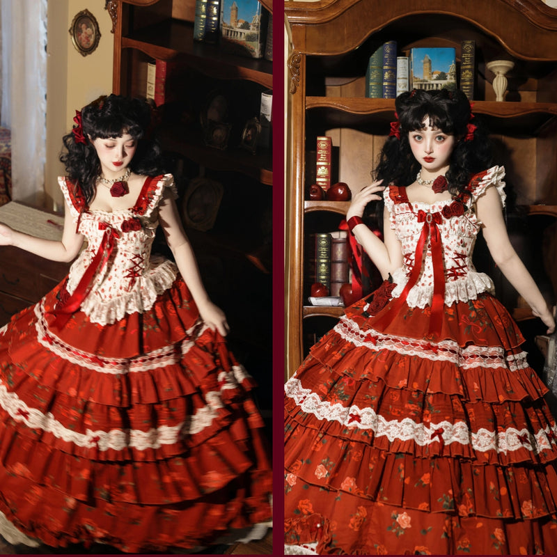 深紅の薔薇の編み上げビスチェとティアードスカート[2026年3月下旬-4月