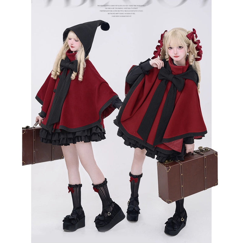 物語のお嬢様のケープコートとリボンフード - Wine Red[2025年12月上旬-2026年1月上旬発送予定]