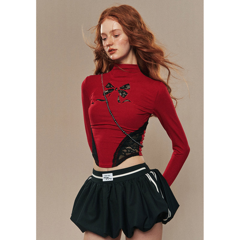 Ribbon Embroidery Slim Turtleneck Short Top