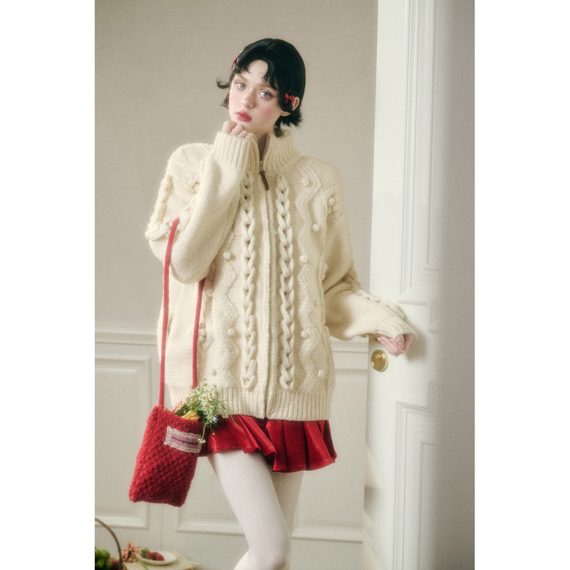 Hand-Knitted Cable Pattern Wool Knit Jacket