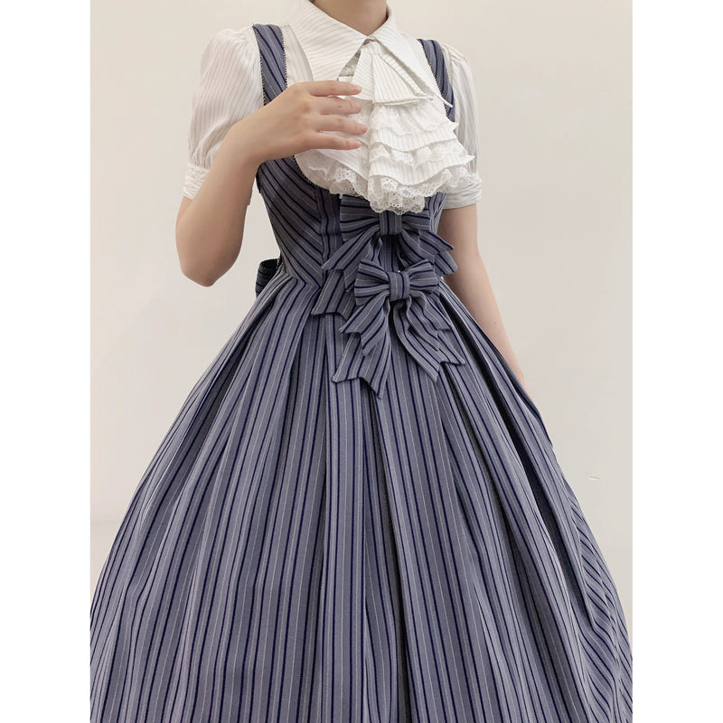 西洋令嬢の縦縞クラシカルジャンパースカート - Navy Gray[2026年1月上旬-1月下旬発送予定]