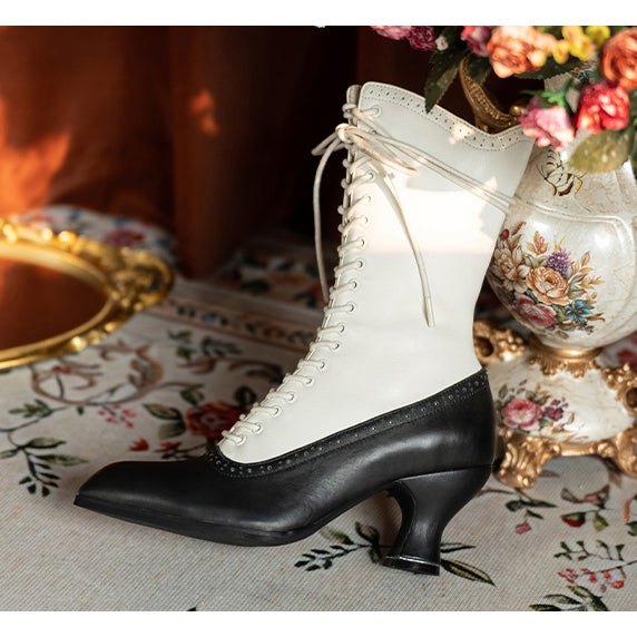 Victorian Pointed Toe Lace Up Boots - Black White