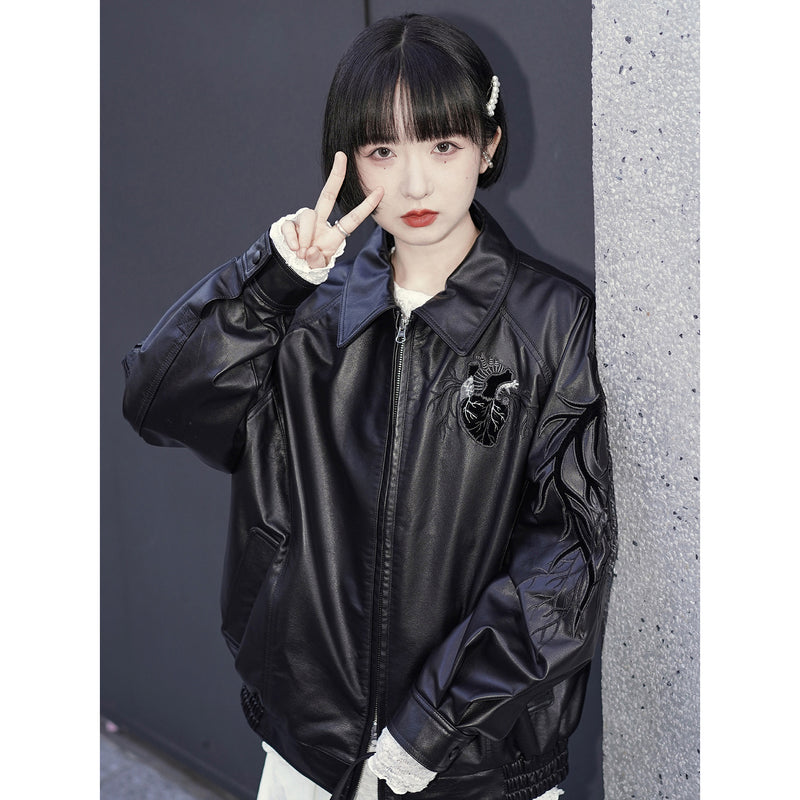 心臓の刺繍レザージャケット – ManusMachina