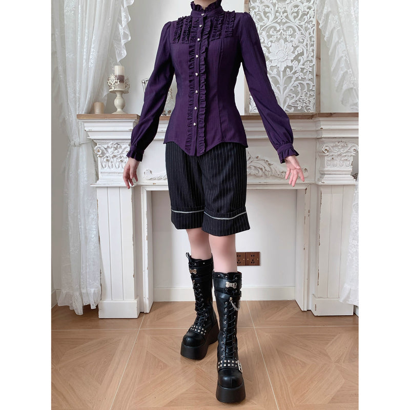 西洋令嬢の縦縞クラシカルブラウス - Purple[2026年1月上旬-1月下旬発送予定]