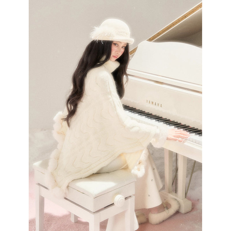 High-neck Knit Shawl Cape