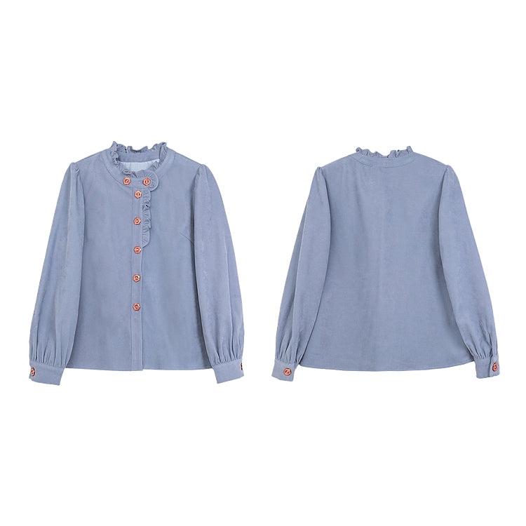 Gray Blue Ruffled Retro Blouse