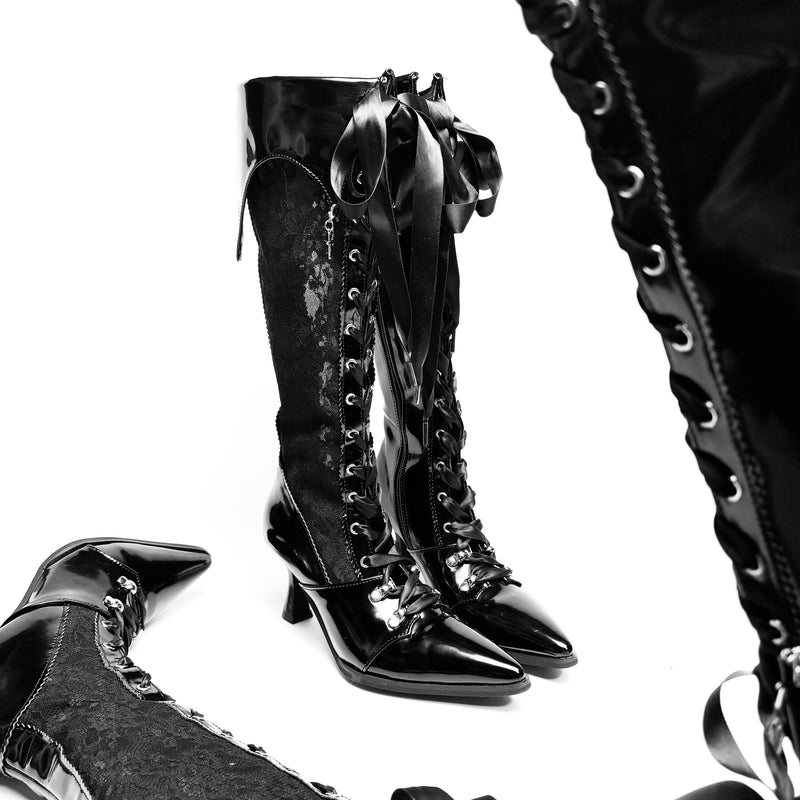 貴族令嬢の編み上げゴシックロングブーツ - Black Lace[2026年3月上旬-3月下旬発送予定]