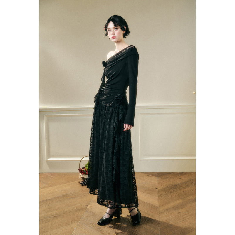 Rose Patterned Lace Top and Long Skirt - Black