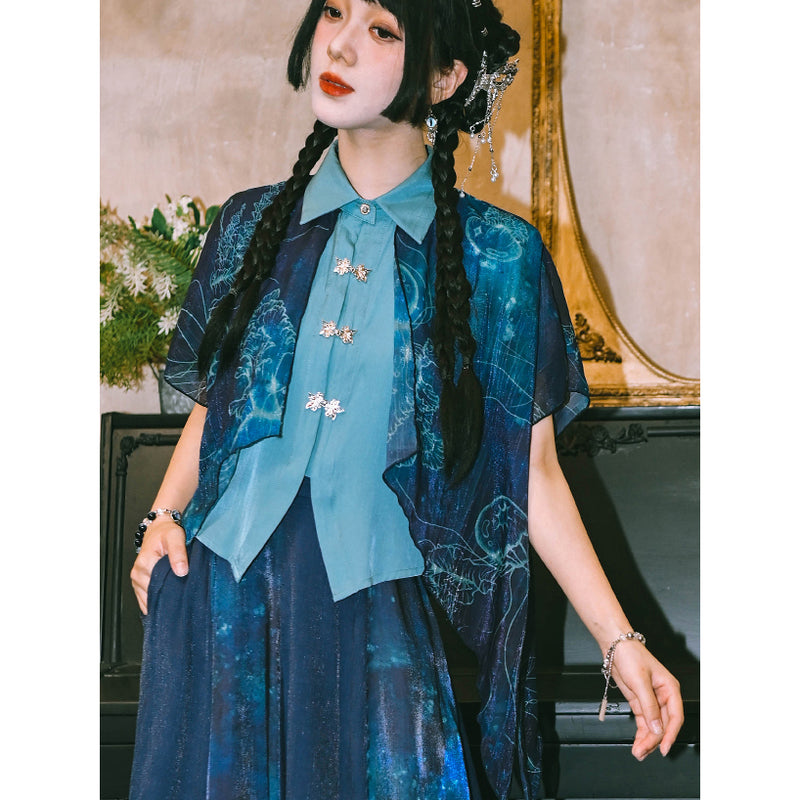 深藍の海月のシフォンブラウス