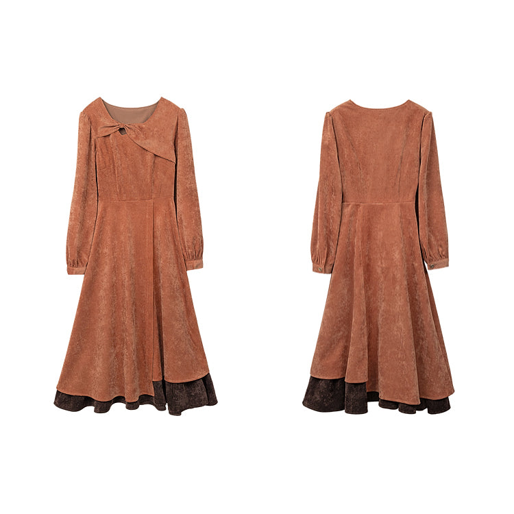 Orange Brown Corduroy Retro Dress