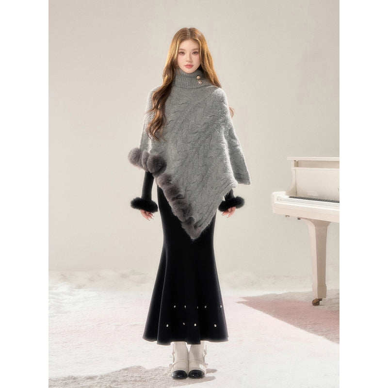 High-neck Knit Shawl Cape
