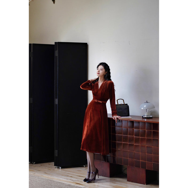 赤銅色の貴婦人ベルベットワンピース