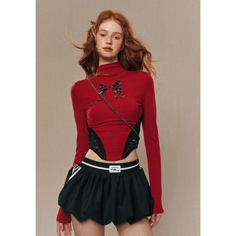 Ribbon Embroidery Slim Turtleneck Short Top