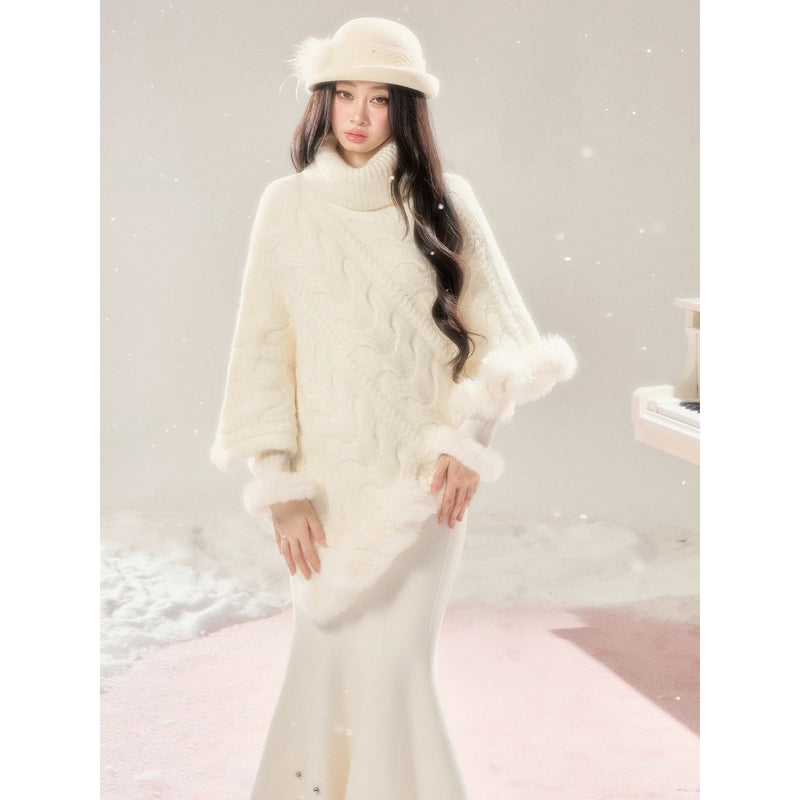 High-neck Knit Shawl Cape