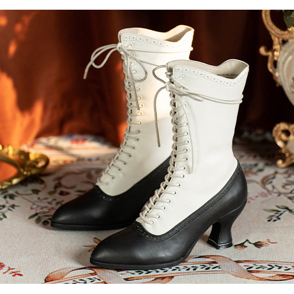 Victorian Pointed Toe Lace Up Boots - Black White