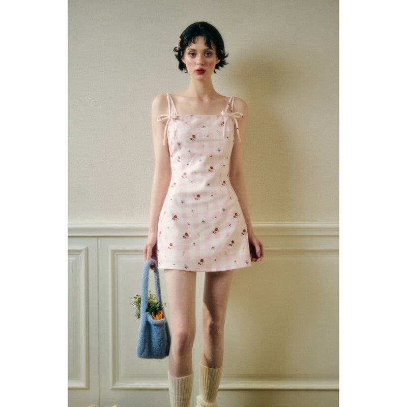 Camisole Dress with Pink Plaid and Floral Pattern