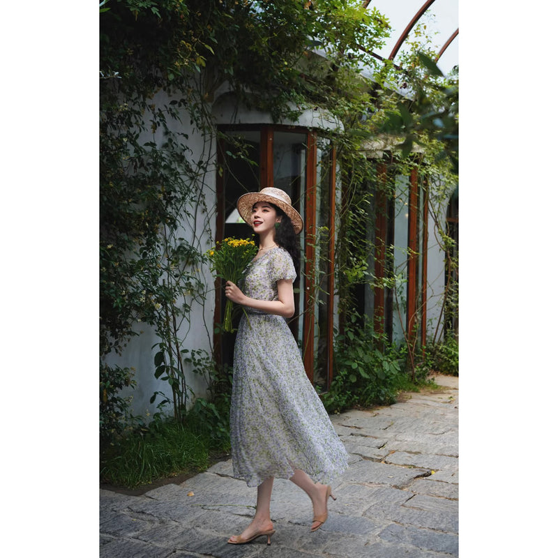 藍紫の花群集フレンチレトロワンピース
