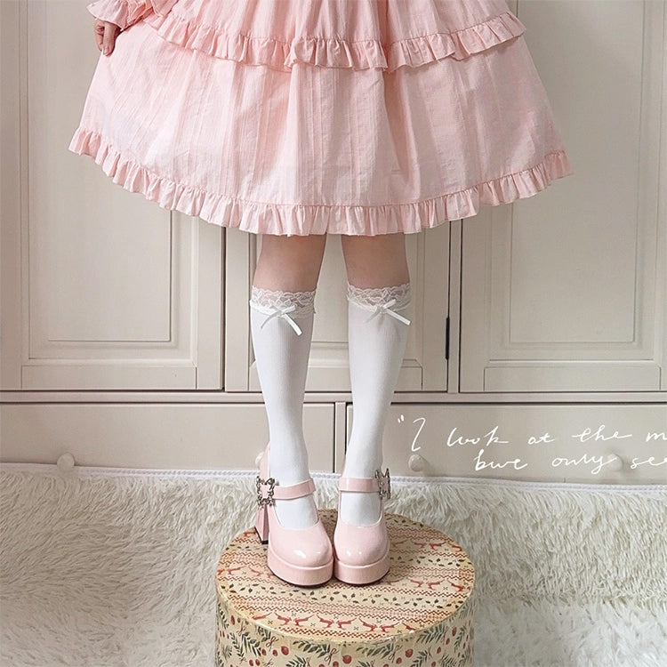 薔薇の花と蝶のゴシックヒールパンプス - Pink