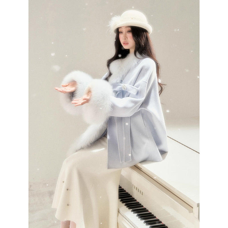 Romantic Ribbon Fur Wool Coat
