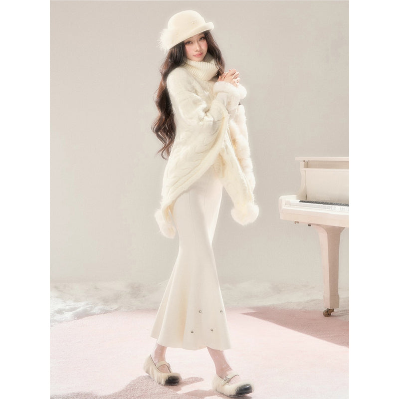 High-neck Knit Shawl Cape