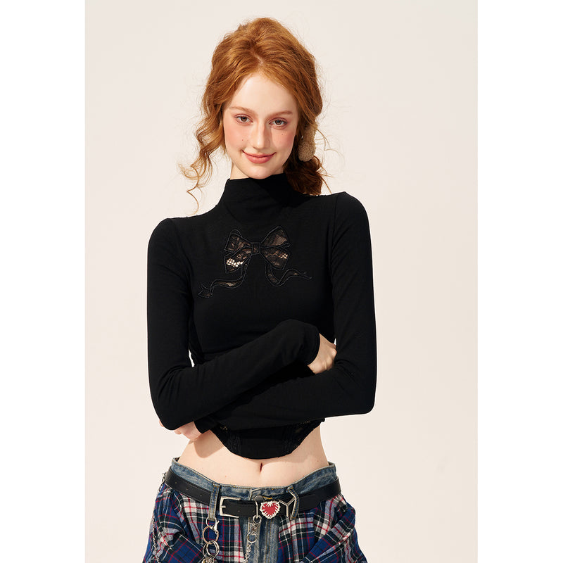 Ribbon Embroidery Slim Turtleneck Short Top