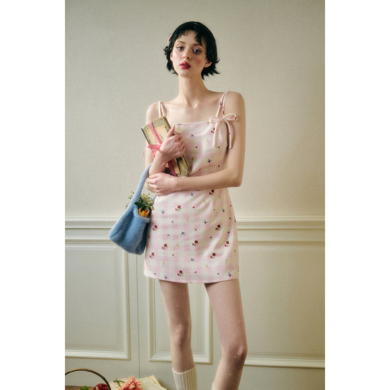 Camisole Dress with Pink Plaid and Floral Pattern