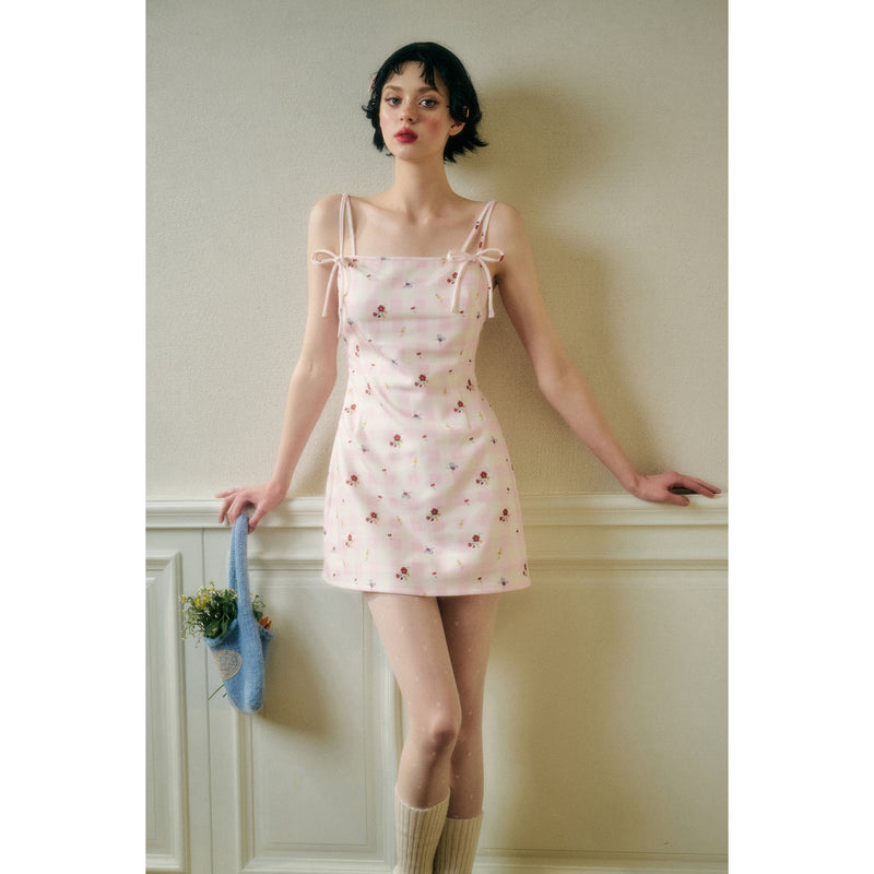 Camisole Dress with Pink Plaid and Floral Pattern