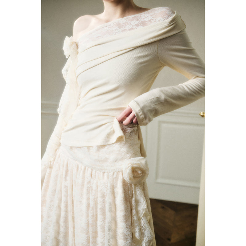 Rose Patterned Lace Top and Long Skirt - Ivory