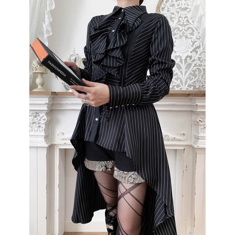 中世貴族のヴィクトリアンテールブラウス - Black Pin Stripe[2025年12月上旬-12月下旬発送予定]