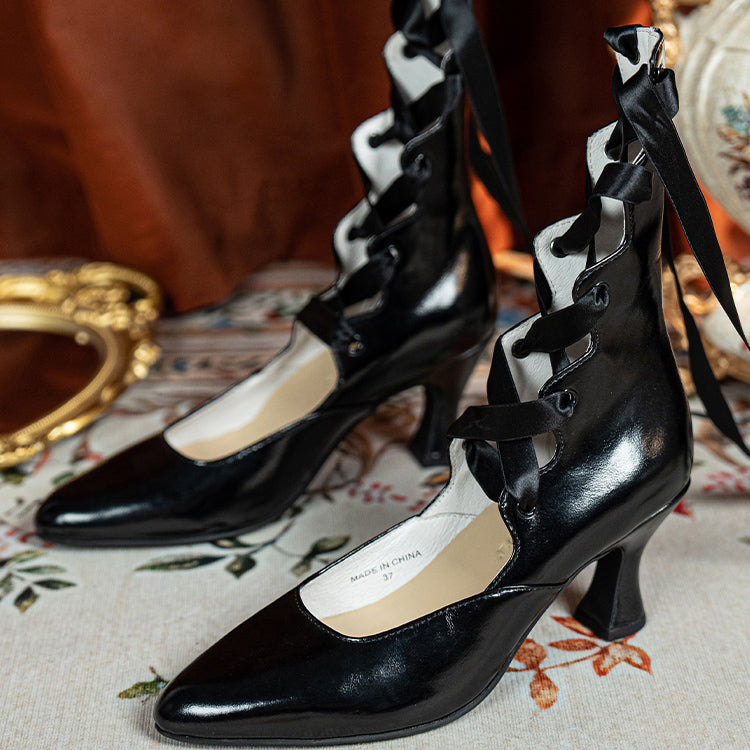 Black Lace Up Pointed Toe Heeled Pumps