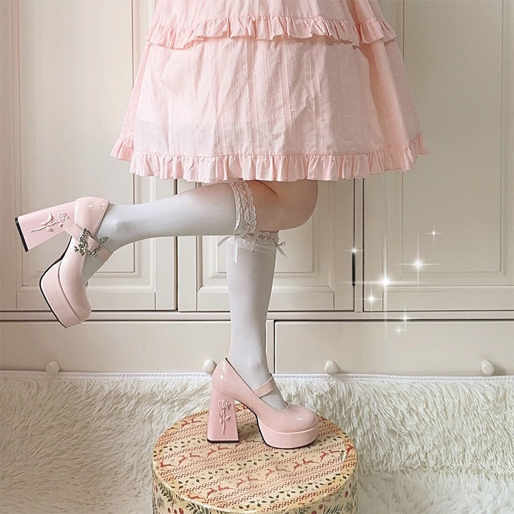 薔薇の花と蝶のゴシックヒールパンプス - Pink
