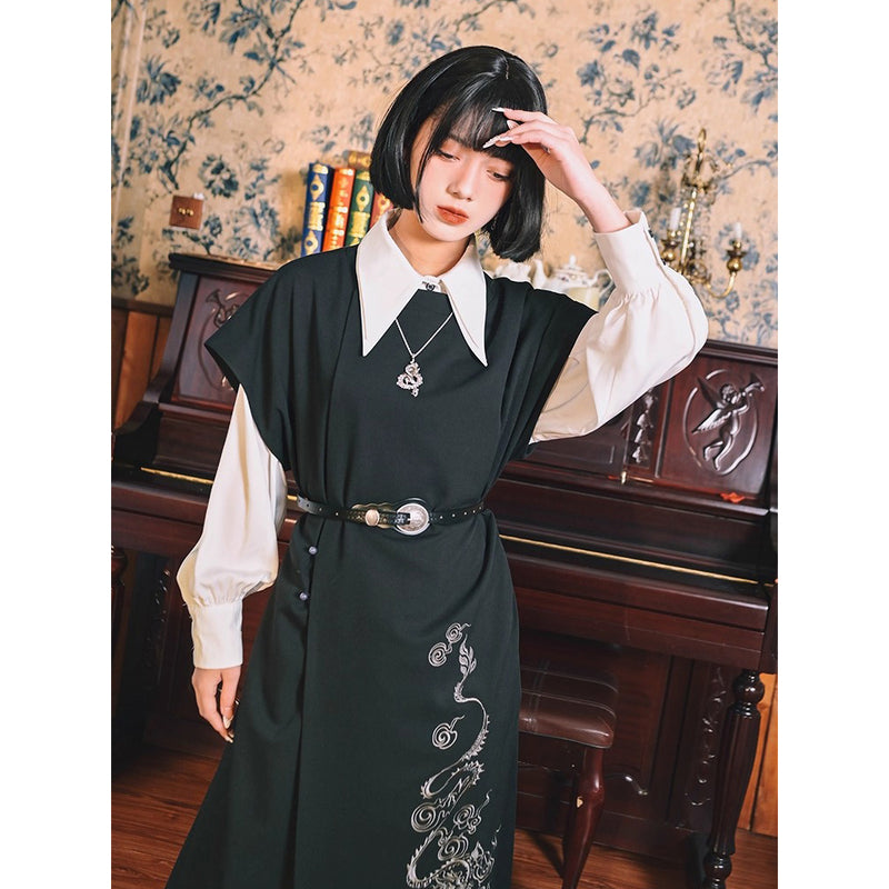 漆黒の龍の刺繍ロングジレワンピース