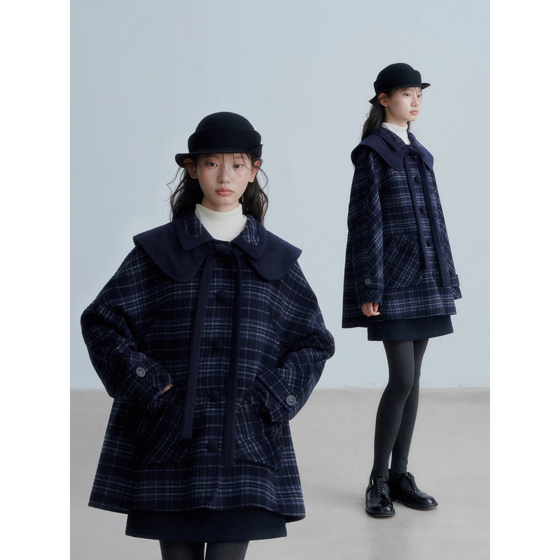 Dark Navy Check Preppy Wool Coat