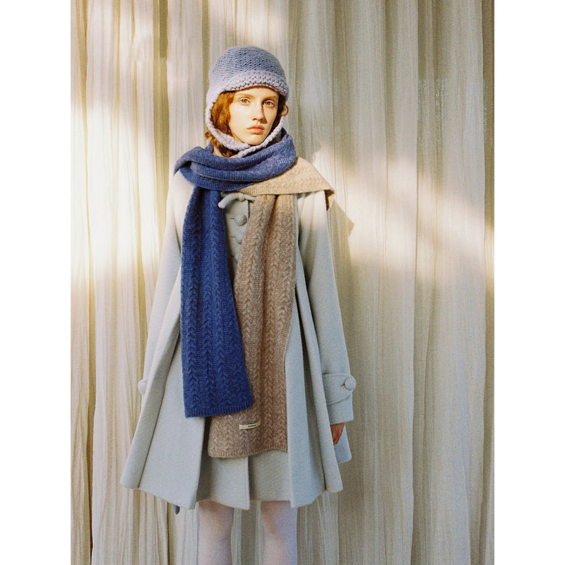 Frosty Blue Wool Pleated Coat with Ribbon