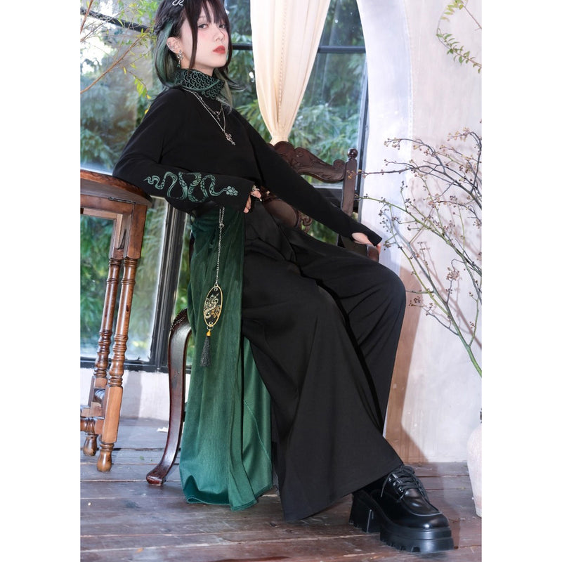 黒緑の蛇刺繍ドレープワイドパンツ