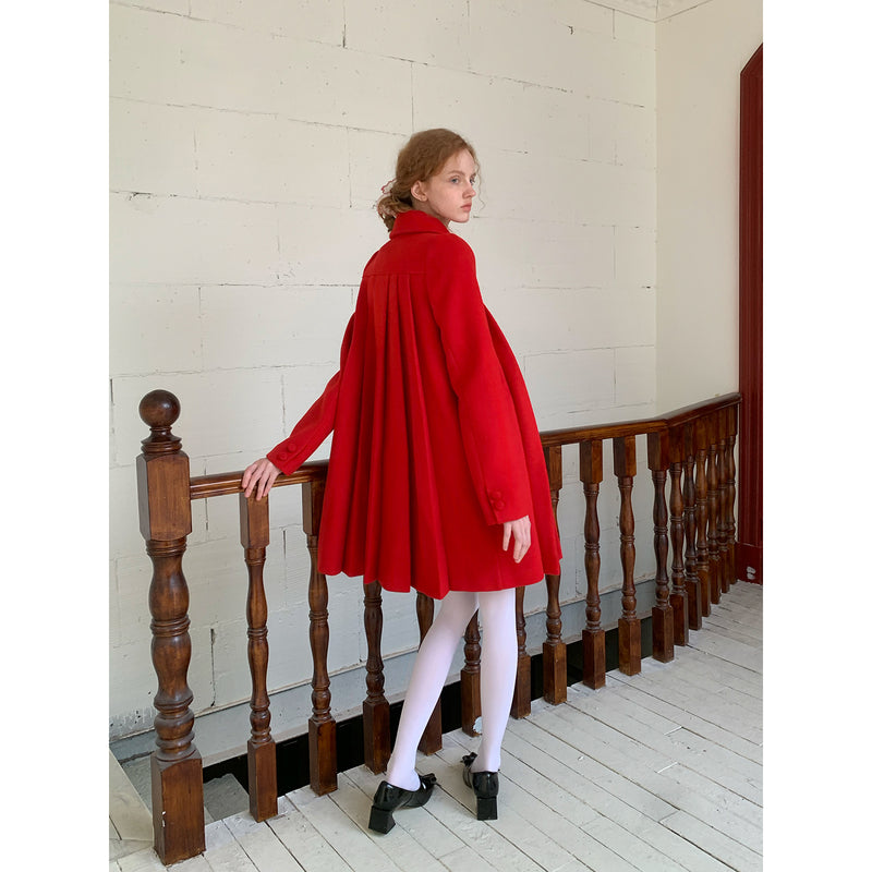 Bright Red Pleated Wool Coat with Ribbon