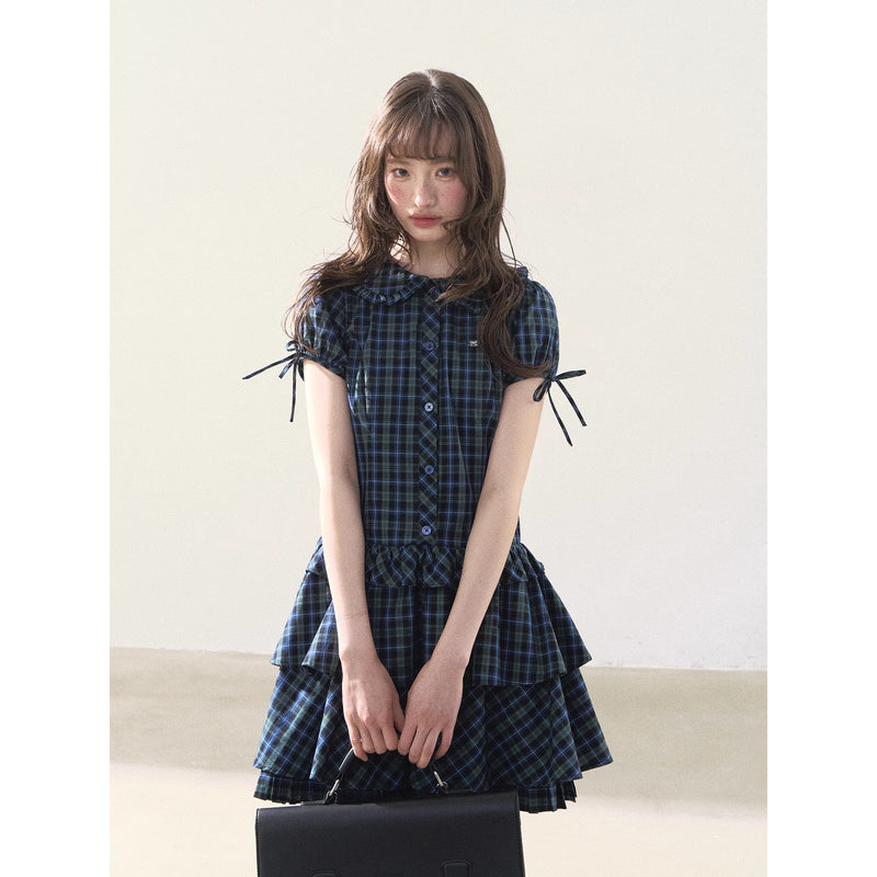 Blue and Green Checkered Tiered Dress