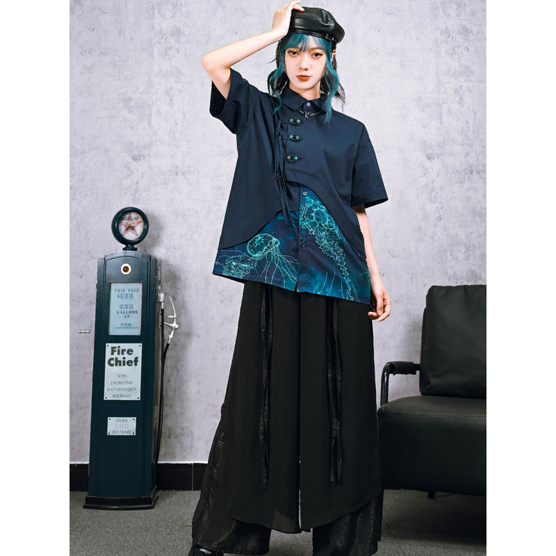 深藍の海月のアシンメトリーブラウス