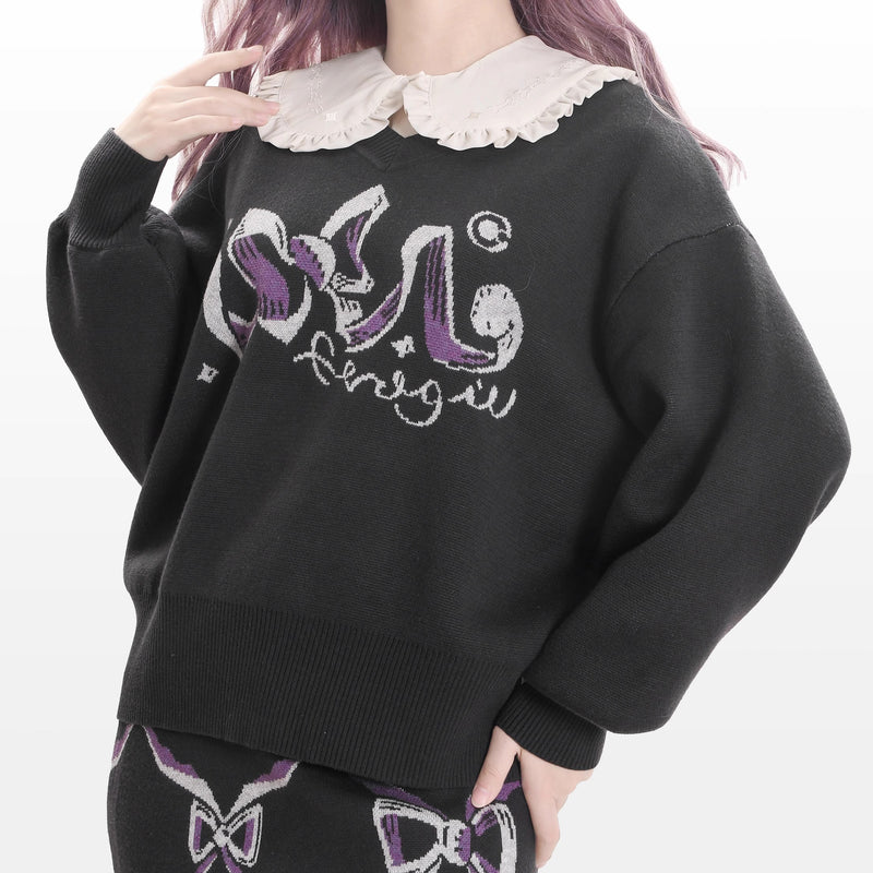 Black and Purple Sweater and Skirt with a Ribbon Pattern[2025年2月下旬-3月中旬発送予定]