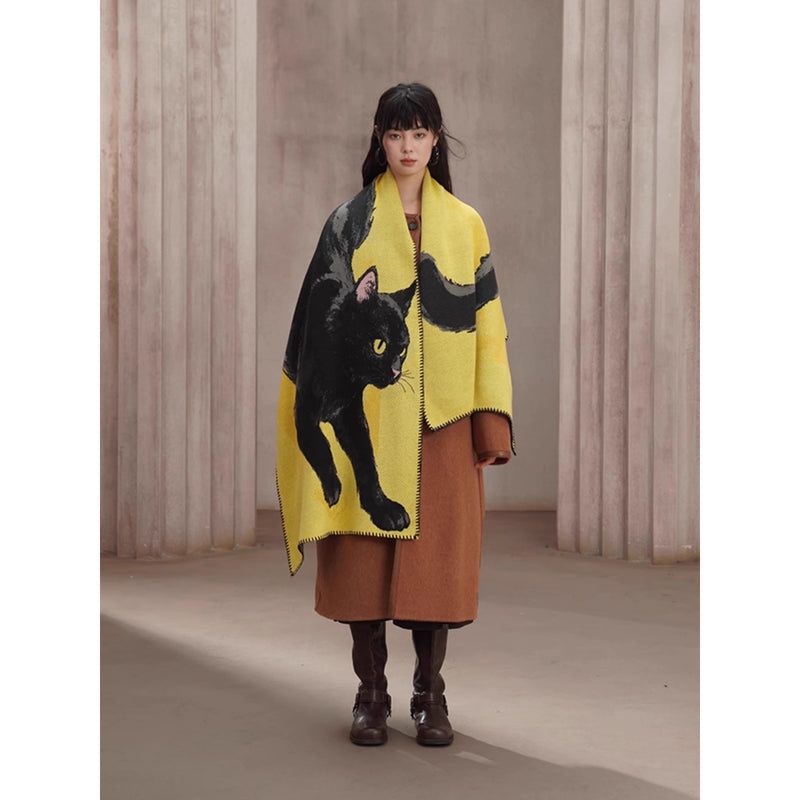 黒猫の挿絵ニットストール