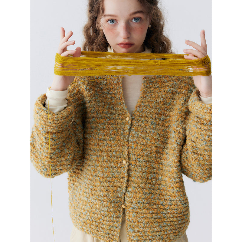 Gold Green Wool Knit Cardigan