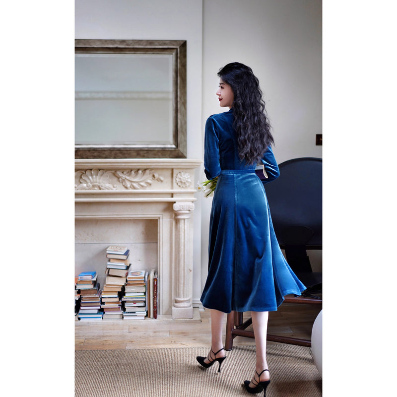 紺藍色の貴婦人ベルベットワンピース