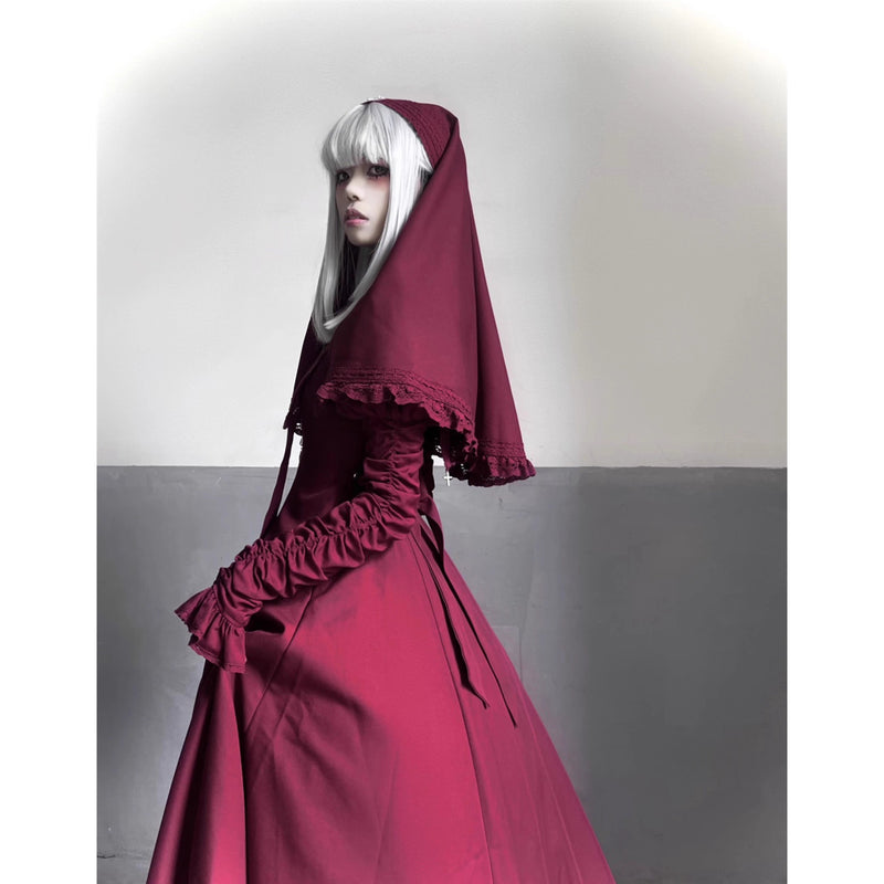 月夜の修道女の刺繍ワンピース - Wine Red（シャーリングスリーブ）[2025年12月上旬-2026年1月上旬発送予定]