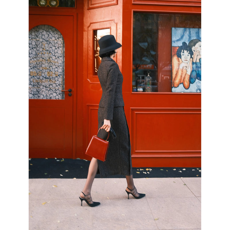 銀幕の貴婦人のツイードジャケットとペンシルスカート - Dark Black