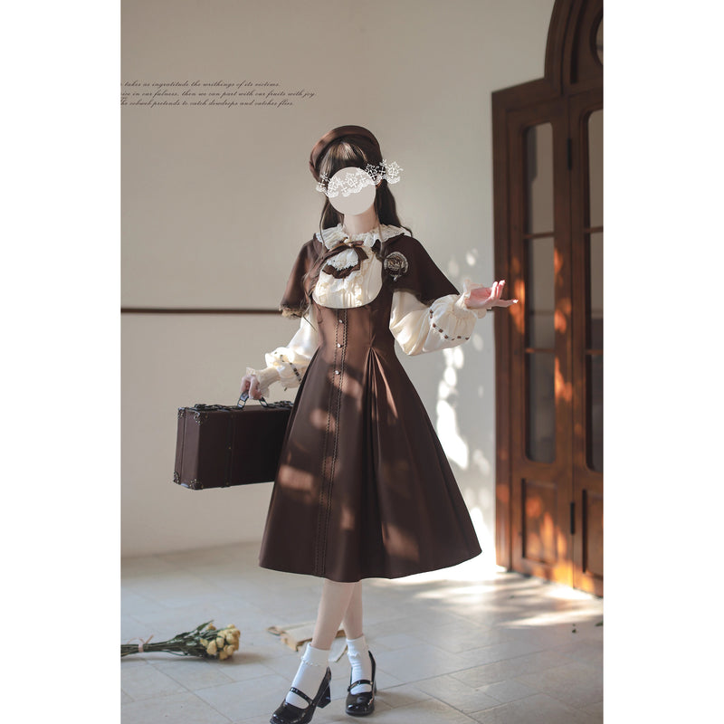 英国令嬢のクラシカルドッキングワンピースとケープ - Brown